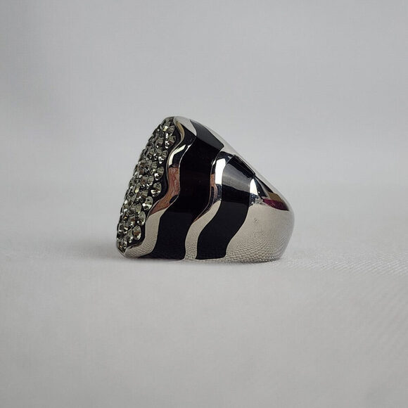 FAC Black & Silver Rhinestone Studded Ring Size 7 - Picture 3 of 9